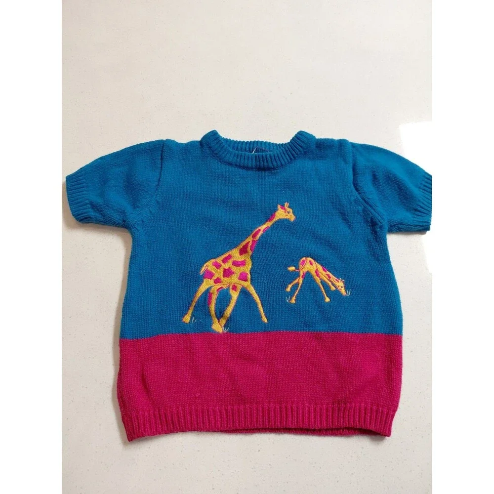 The Eagle’s Eye Blue and Pink Handknit Giraffe Sweater Girl's Size Small